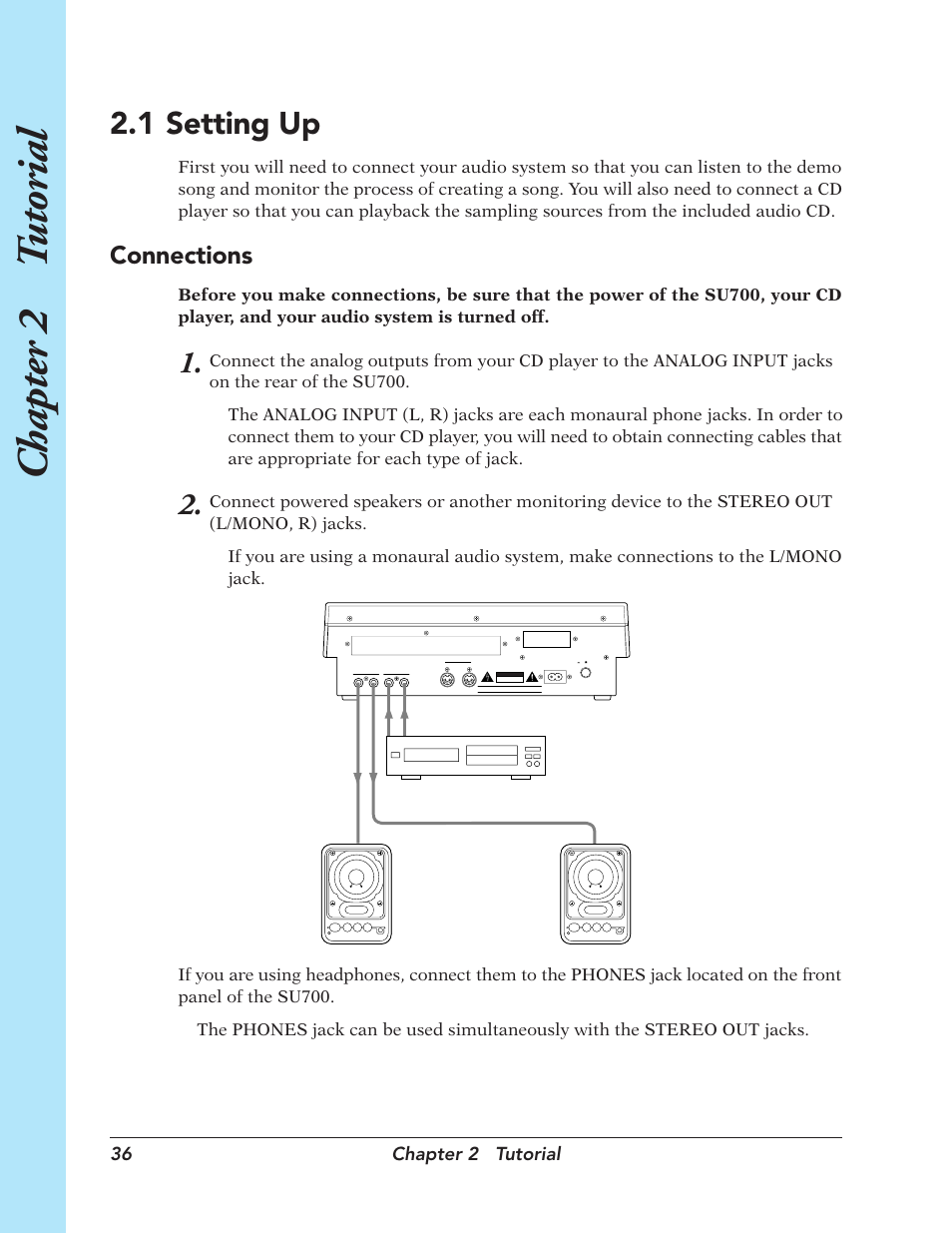 1 setting up, Setting up, Chapter 2 t utorial | Connections, 36 chapter 2 tutorial | Yamaha SU700 User Manual | Page 36 / 354