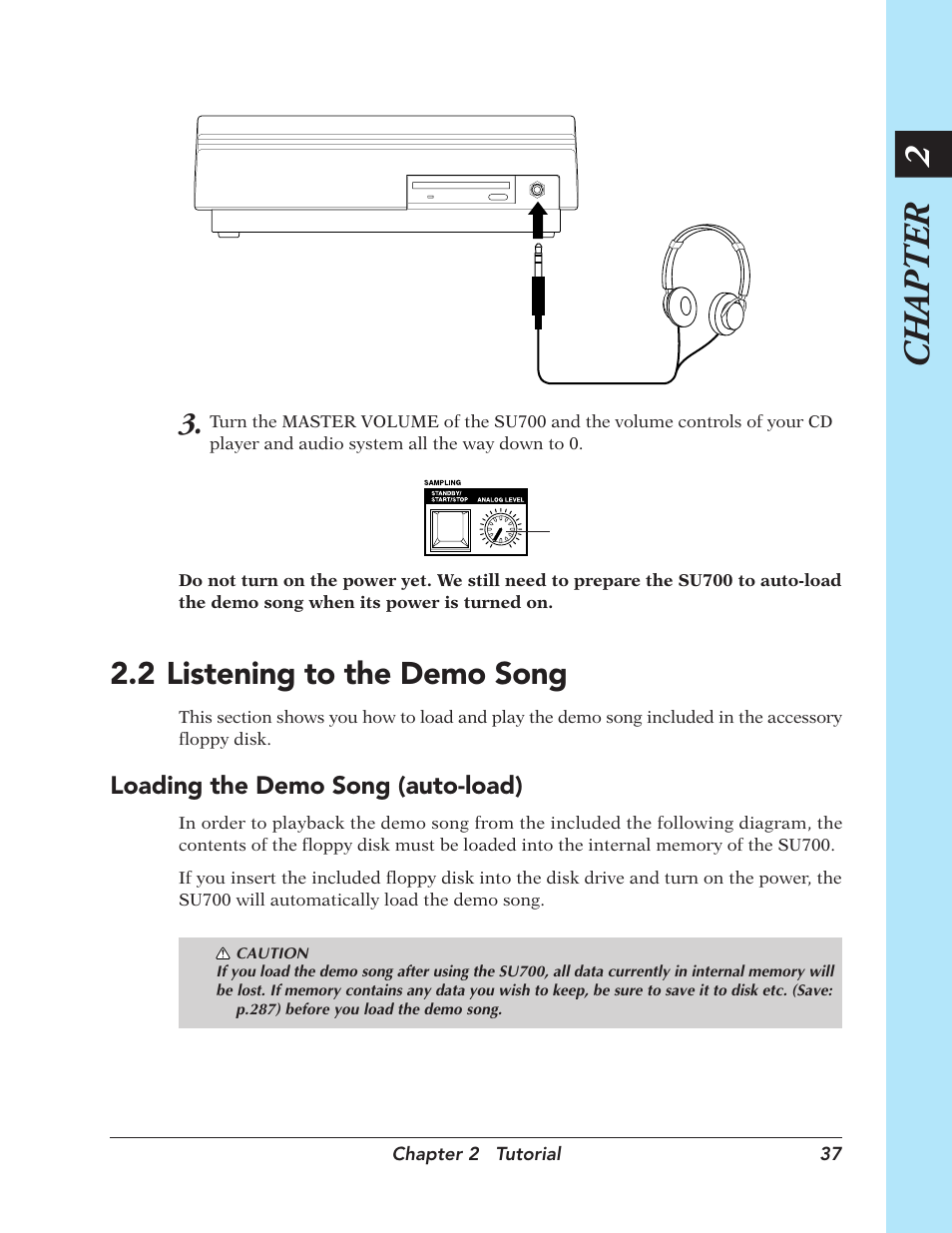 2 listening to the demo song, Listening to the demo song, Chapter 2 | Loading the demo song (auto-load) | Yamaha SU700 User Manual | Page 37 / 354