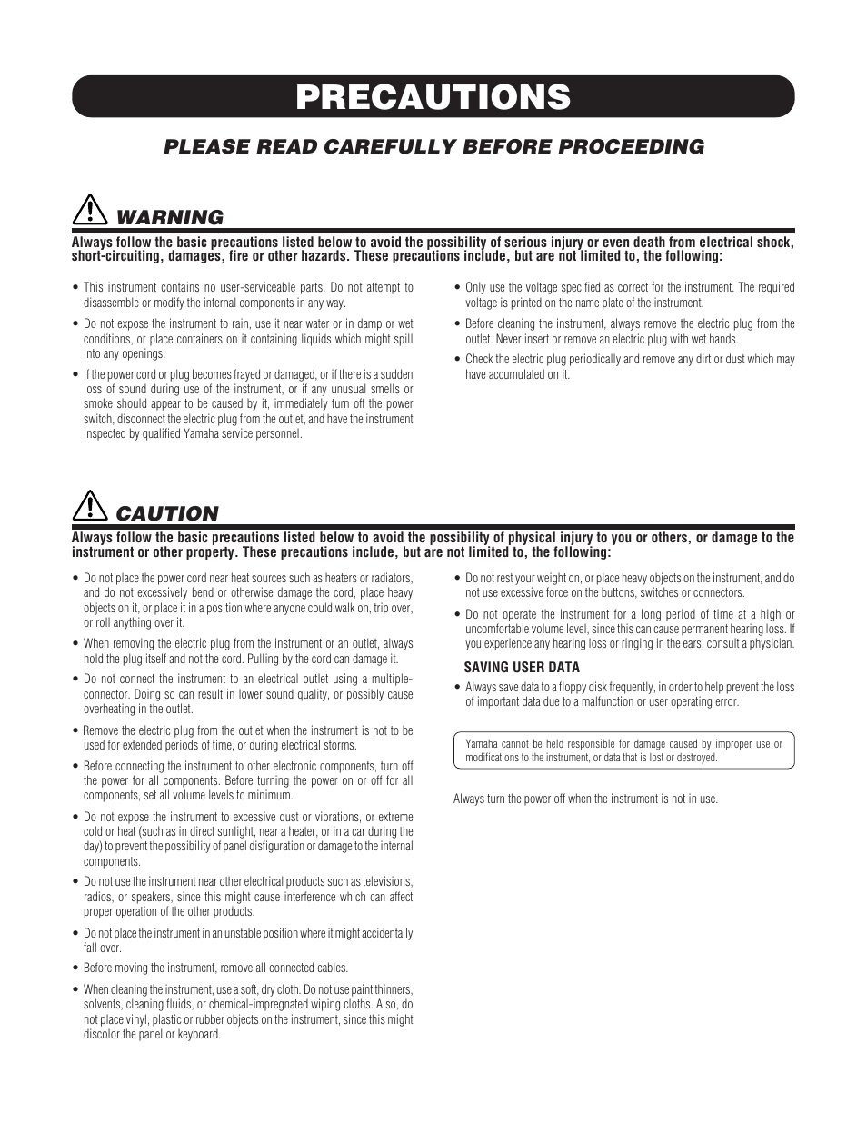 Precautions, Please read carefully before proceeding, Warning | Caution | Yamaha SU700 User Manual | Page 4 / 354