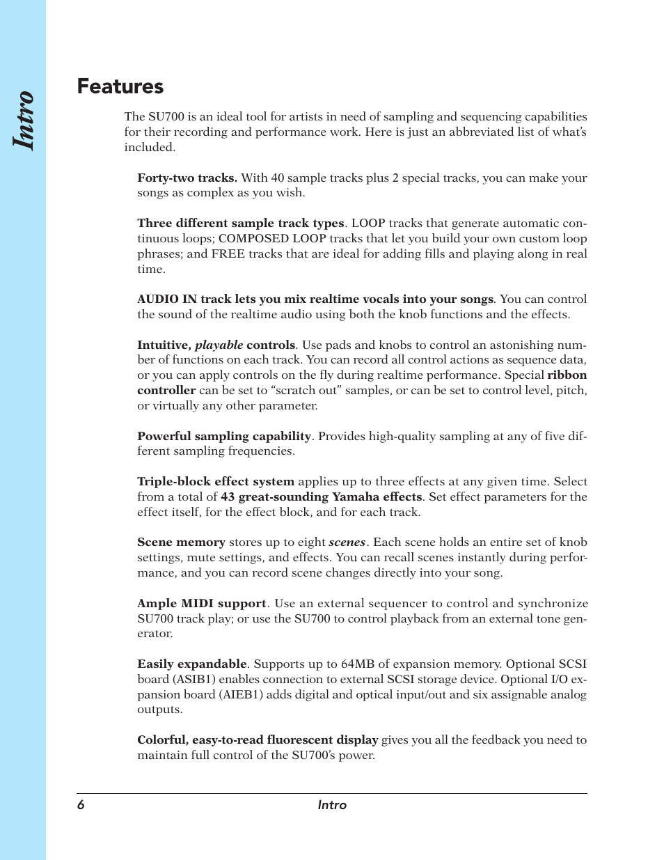 Features, Intro | Yamaha SU700 User Manual | Page 6 / 354