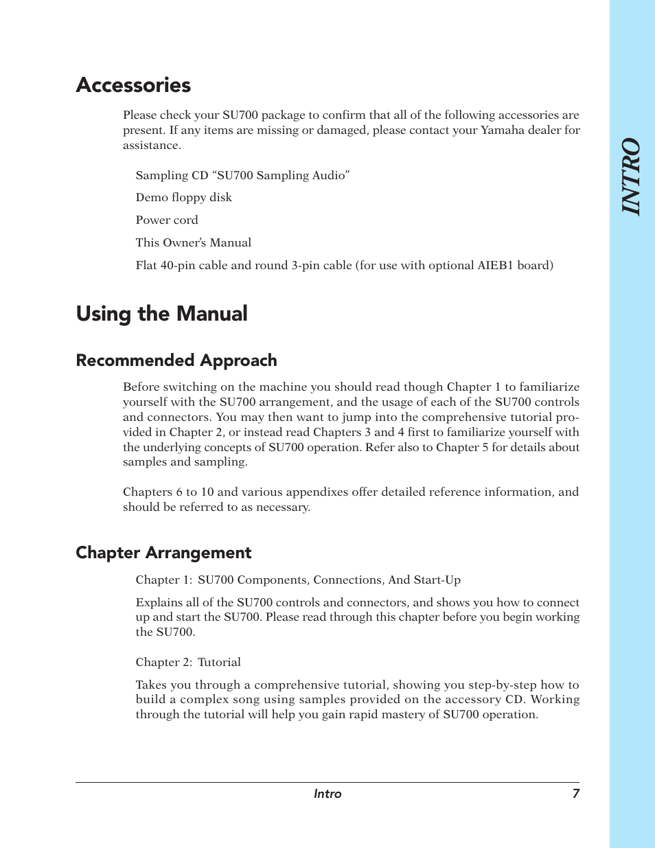 Accessories, Using the manual, Intro | Recommended approach, Chapter arrangement | Yamaha SU700 User Manual | Page 7 / 354