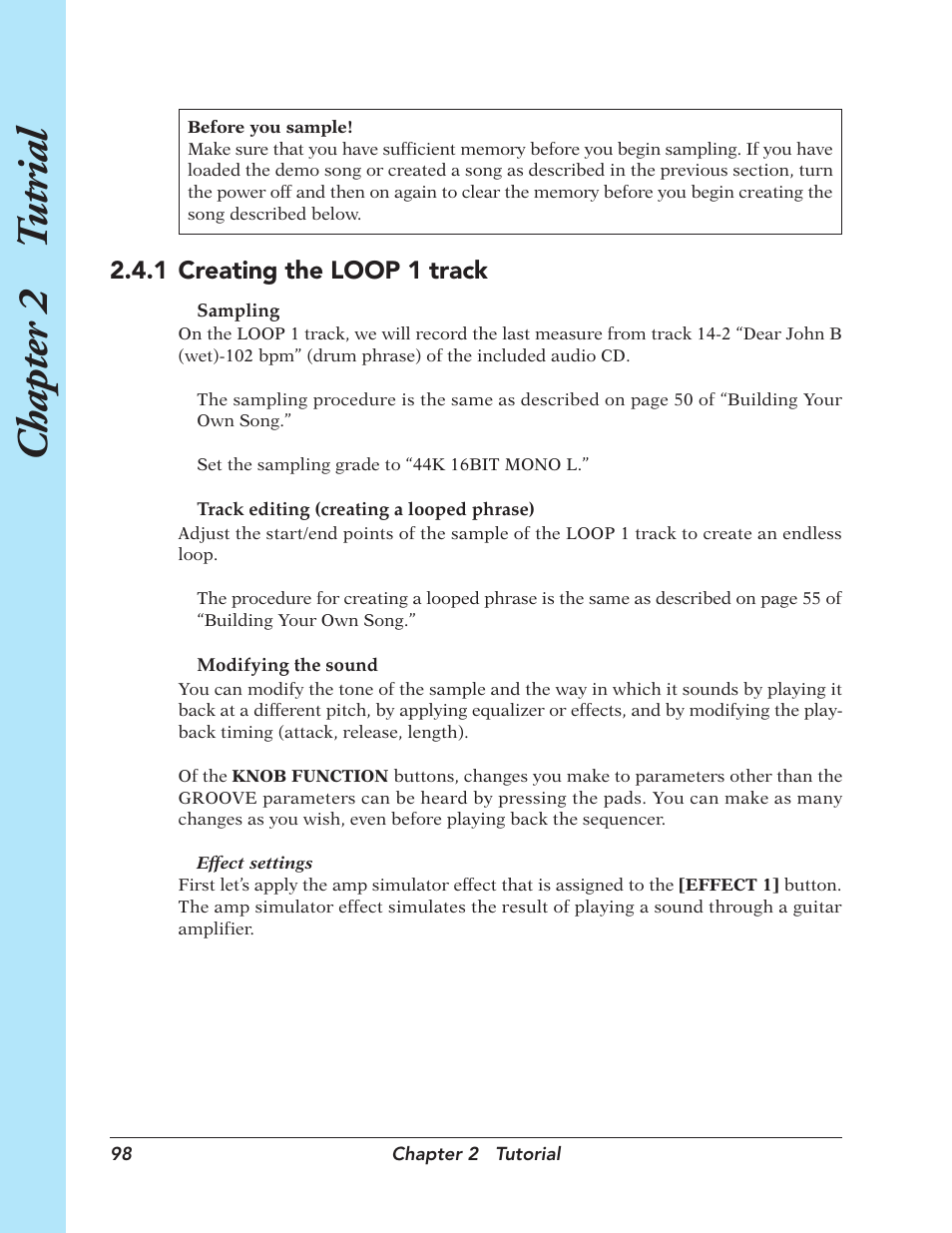 Chapter 2 t utrial, 1 creating the loop 1 track | Yamaha SU700 User Manual | Page 98 / 354