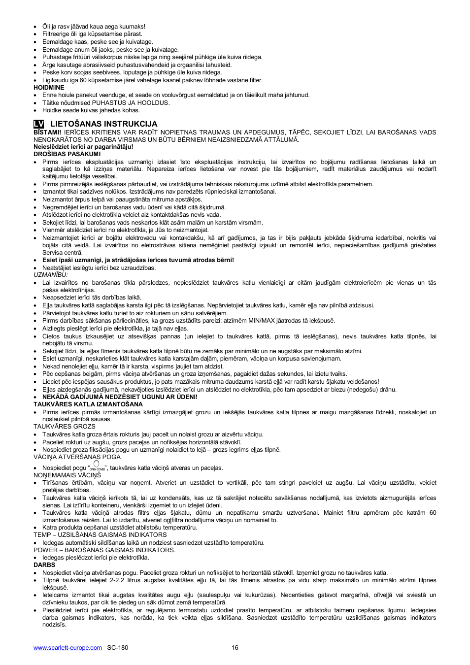 Lv lieto anas instrukcija | Scarlett SC-180 User Manual | Page 16 / 24