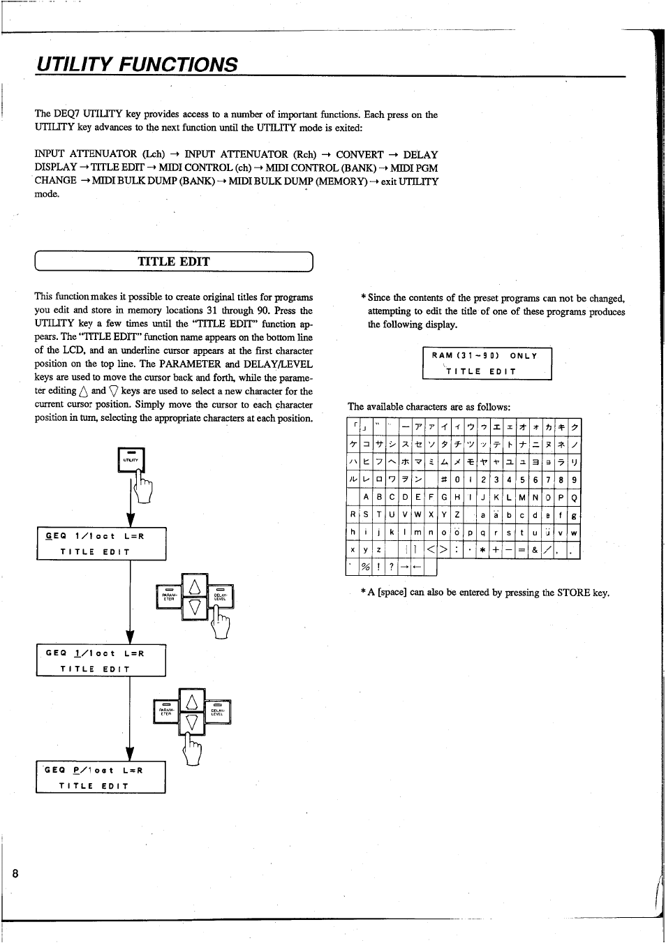 Utility functions, Title edit | Yamaha DEQ7 User Manual | Page 10 / 98