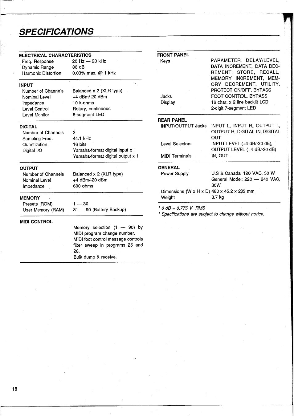 Specifications | Yamaha DEQ7 User Manual | Page 20 / 98