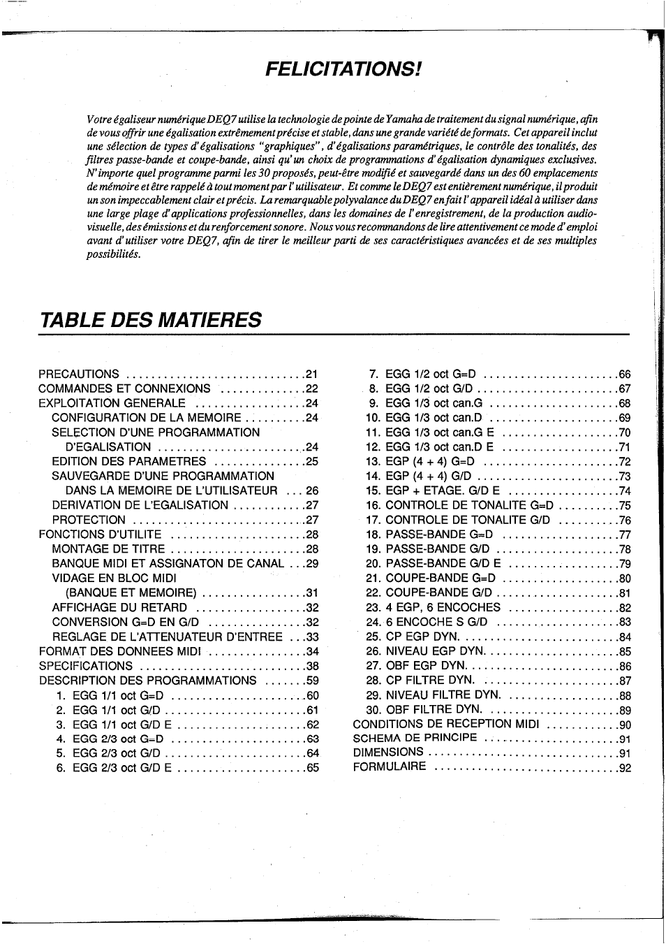 Felicitations, Table des matieres | Yamaha DEQ7 User Manual | Page 22 / 98