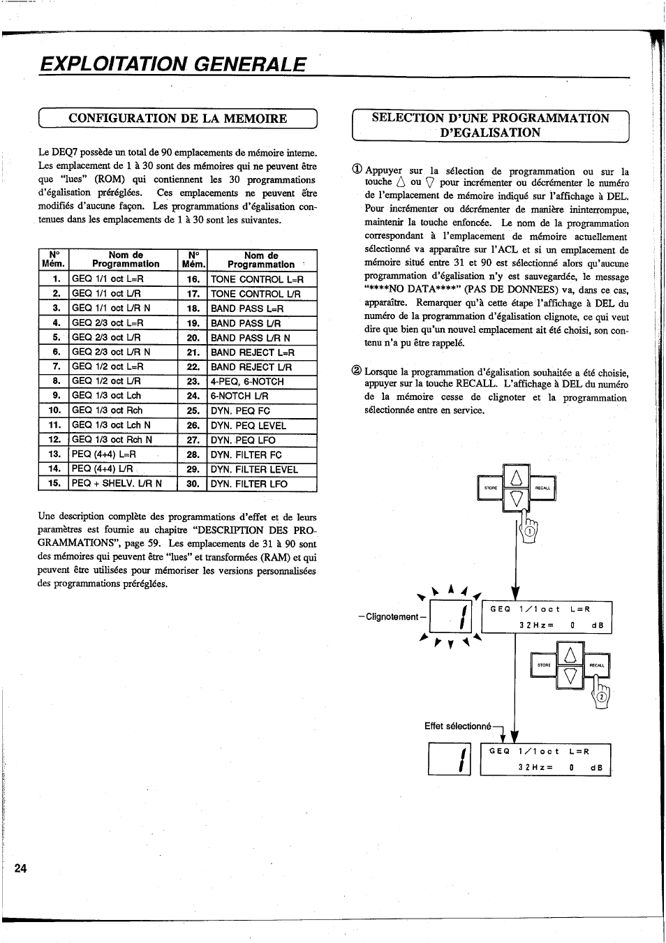 Exploitation generale, Selection d’une programmation d’egalisation, Y ^ 4 | Yamaha DEQ7 User Manual | Page 26 / 98