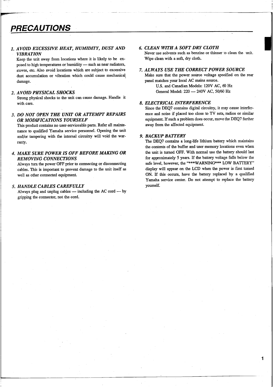 Precautions, Avoid | Yamaha DEQ7 User Manual | Page 3 / 98