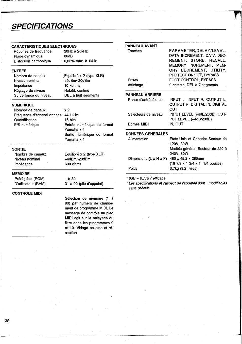 Specifications | Yamaha DEQ7 User Manual | Page 40 / 98