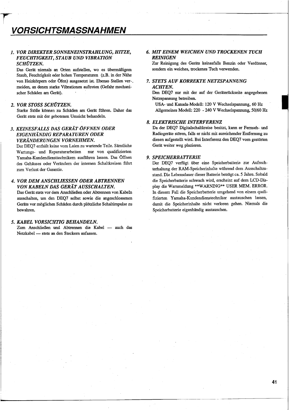 Vorsichtsmassnahmen | Yamaha DEQ7 User Manual | Page 43 / 98