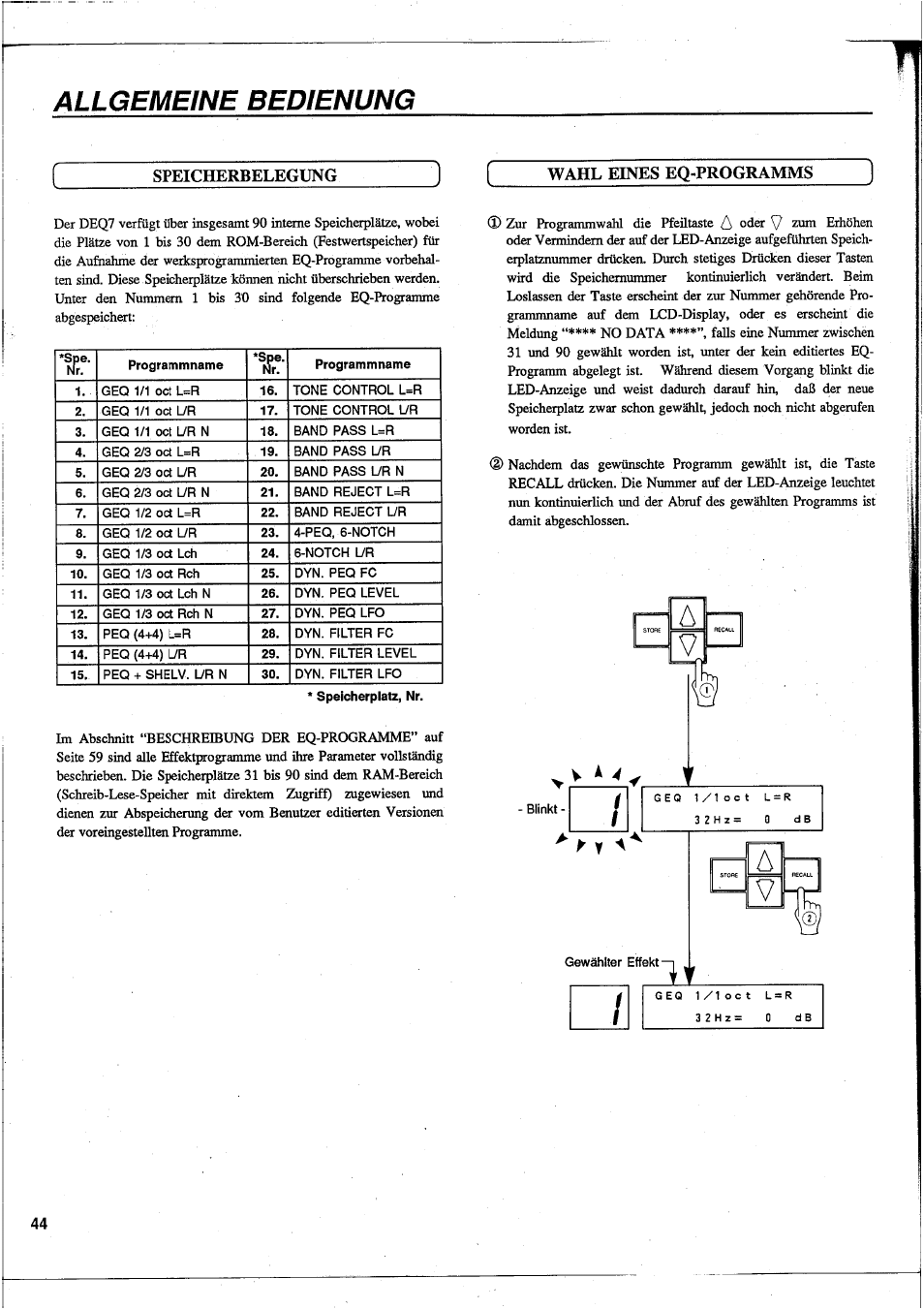 Allgemeine bedienung, Speicherbelegung wahl eines eq-programms | Yamaha DEQ7 User Manual | Page 46 / 98