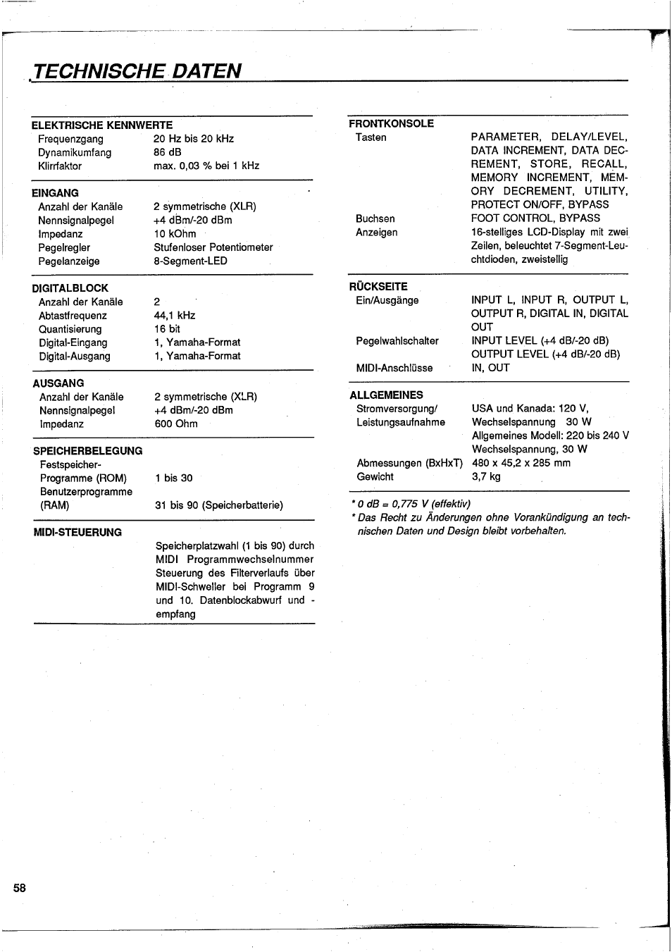 Technische daten | Yamaha DEQ7 User Manual | Page 60 / 98