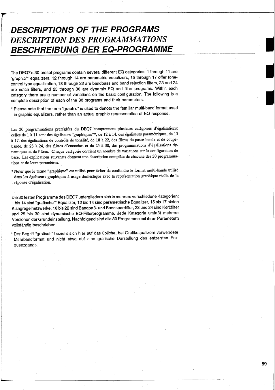 Descriptions of the programs, Beschreibung der eq-programme | Yamaha DEQ7 User Manual | Page 61 / 98