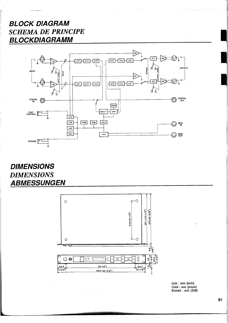 Block diagram, Blockdiagramm dimensions, Abmessungen | Yamaha DEQ7 User Manual | Page 93 / 98