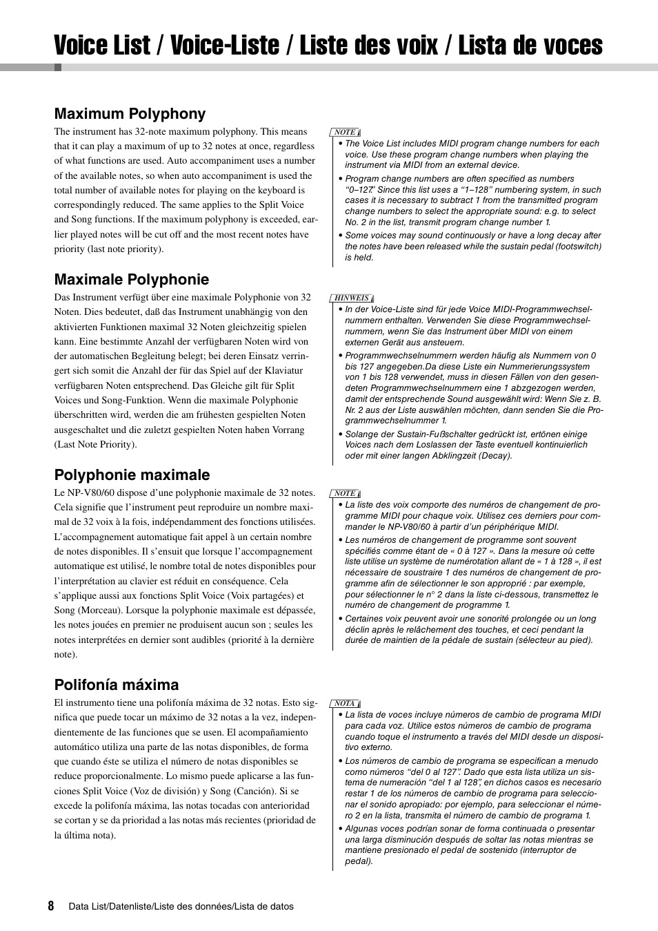 Voice list (np-v80), Voice-liste liste des voix lista de voces, Maximum polyphony | Maximale polyphonie, Polyphonie maximale, Polifonía máxima | Yamaha PIAGGERO NP-V80 User Manual | Page 8 / 32