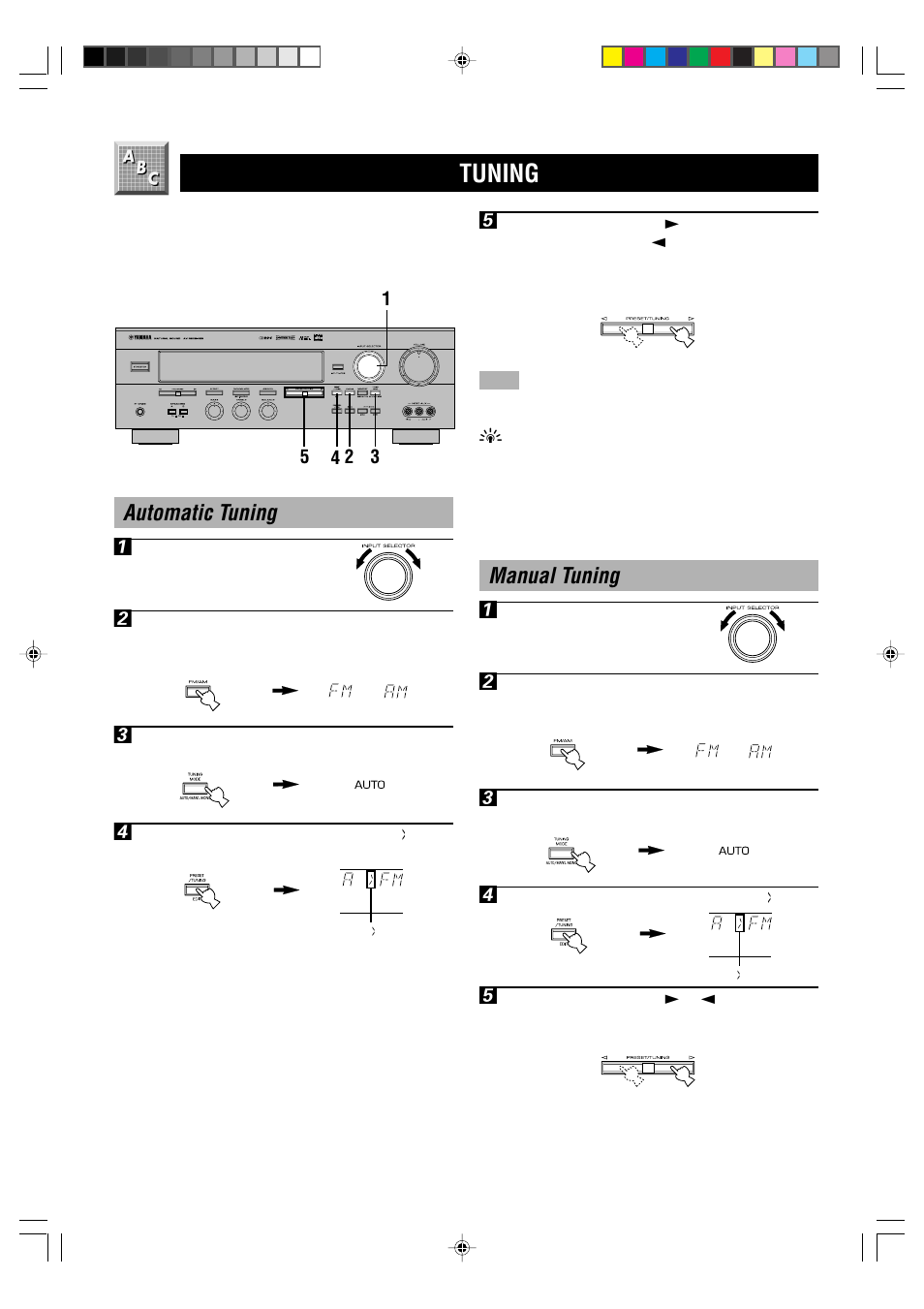 Tuning, Manual tuning 1, Automatic tuning 1 | Yamaha HTR-5240RDS User Manual | Page 30 / 66