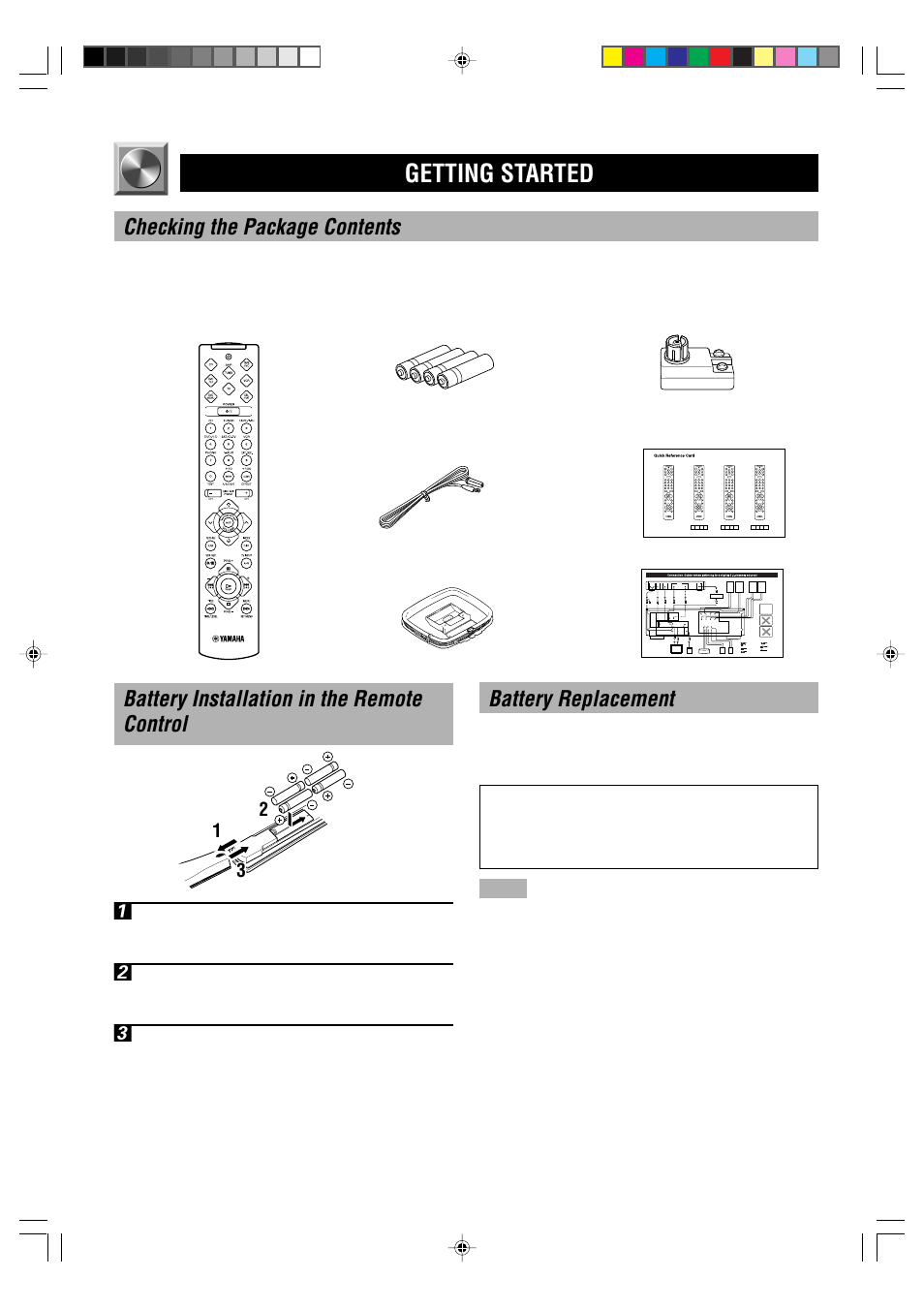Getting started, Checking the package contents, Battery installation in the remote control 1 | Battery replacement | Yamaha HTR-5240RDS User Manual | Page 4 / 66