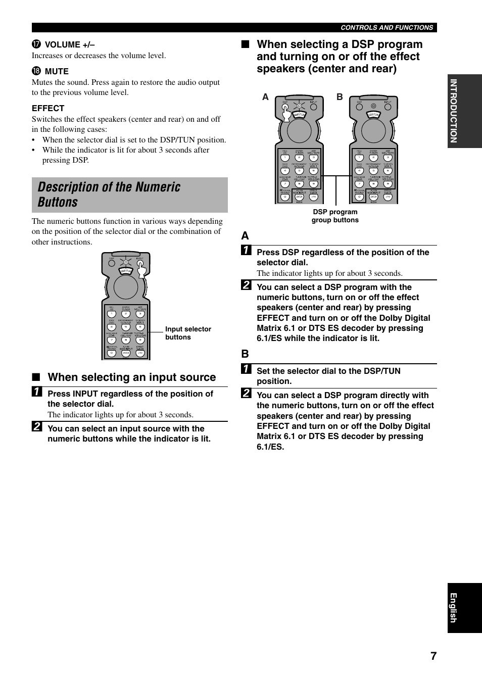 Description of the numeric buttons, When selecting an input source | Yamaha RX-V800 User Manual | Page 11 / 82