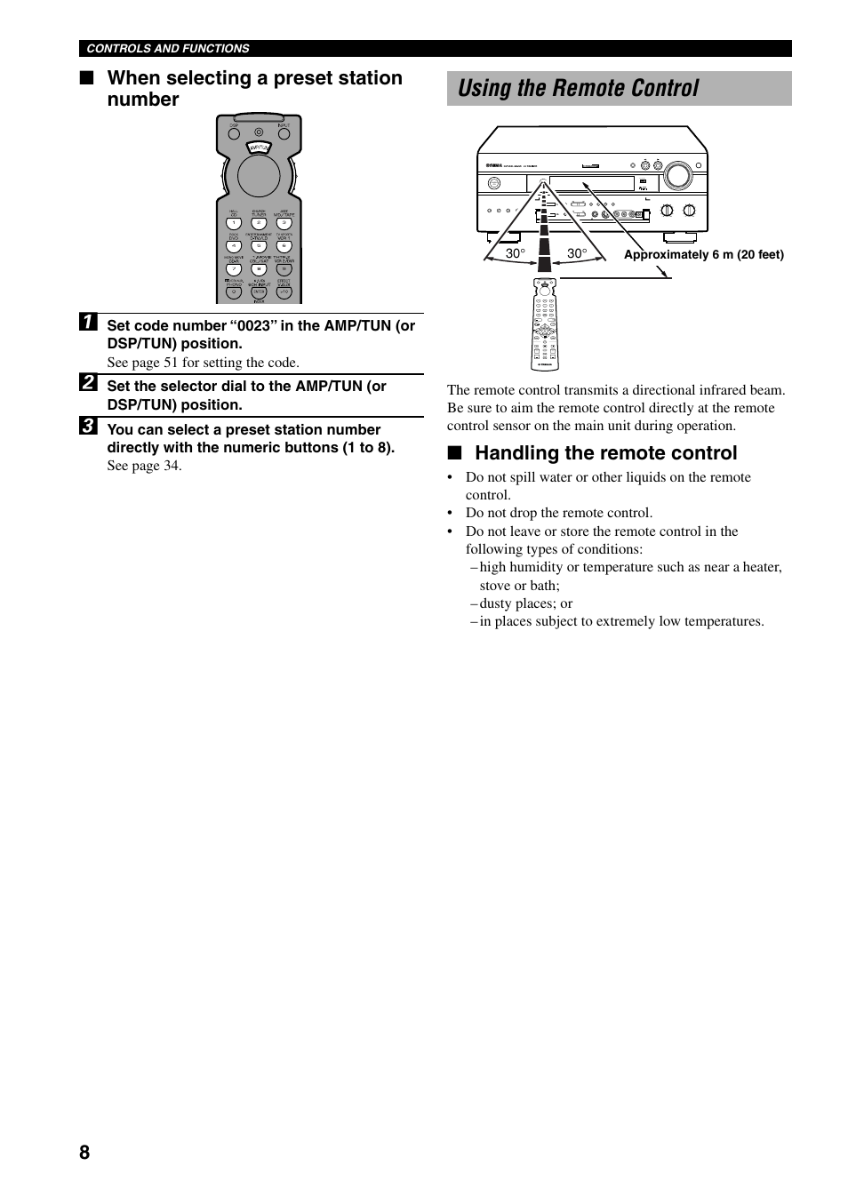 Using the remote control, When selecting a preset station number, Handling the remote control | Yamaha RX-V800 User Manual | Page 12 / 82