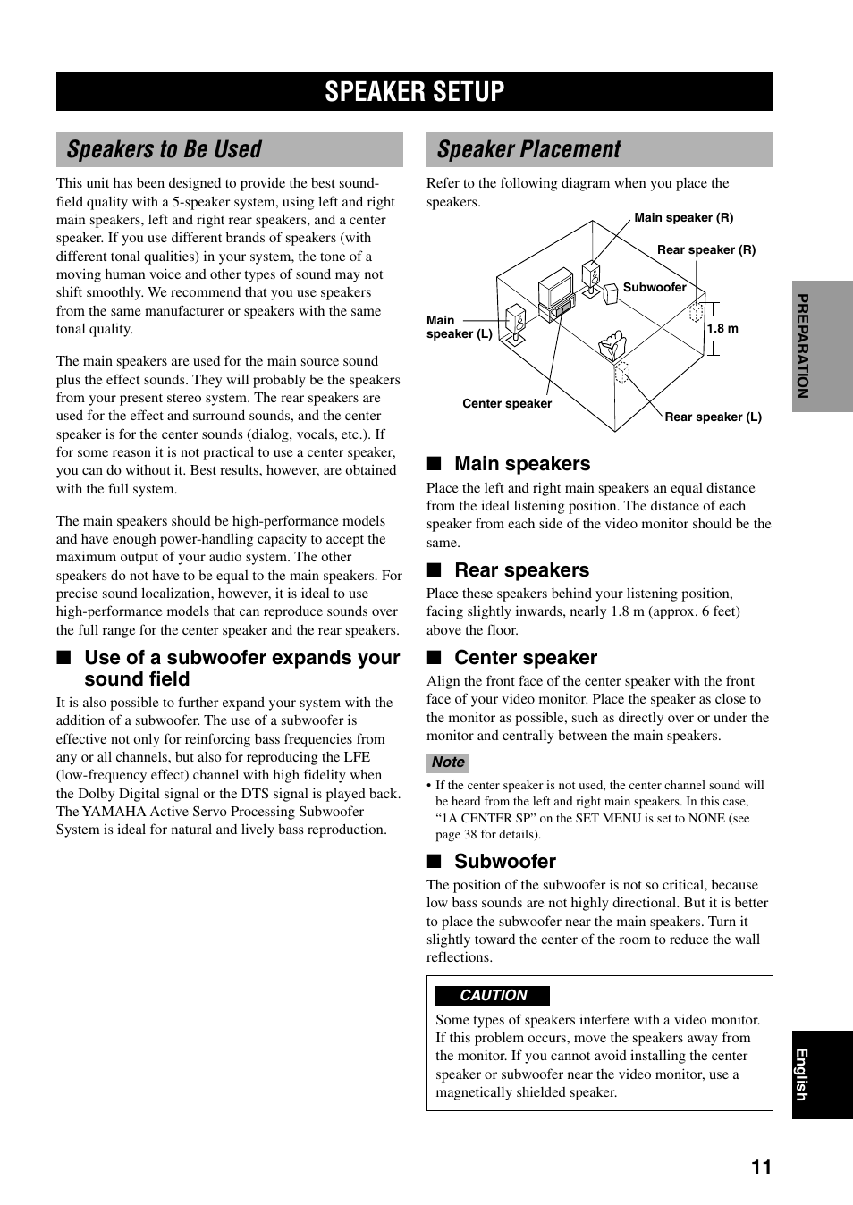 Preparation, Speaker setup, Speakers to be used | Speaker placement, Use of a subwoofer expands your sound field, Main speakers, Rear speakers, Center speaker, Subwoofer | Yamaha RX-V800 User Manual | Page 15 / 82