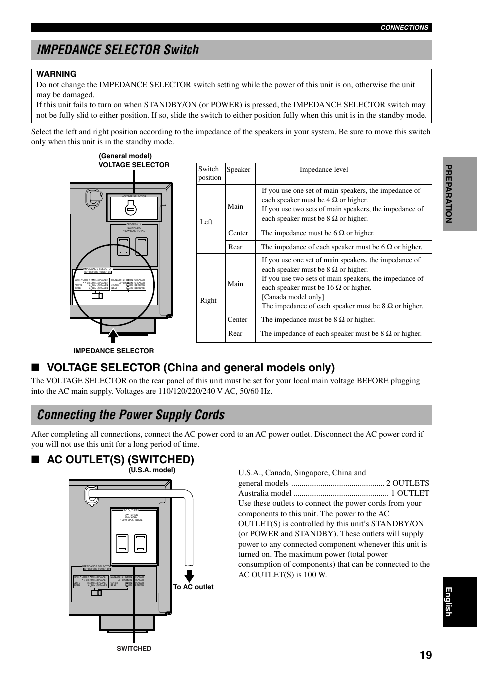 Impedance selector switch, Connecting the power supply cords, Ac outlet(s) (switched) | Voltage selector (china and general models only) | Yamaha RX-V800 User Manual | Page 23 / 82
