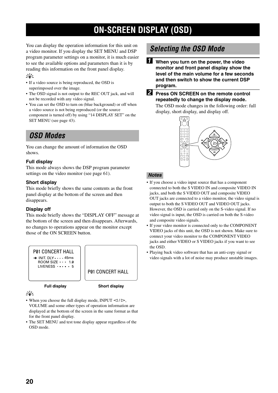 On-screen display (osd), Osd modes, Selecting the osd mode | Yamaha RX-V800 User Manual | Page 24 / 82