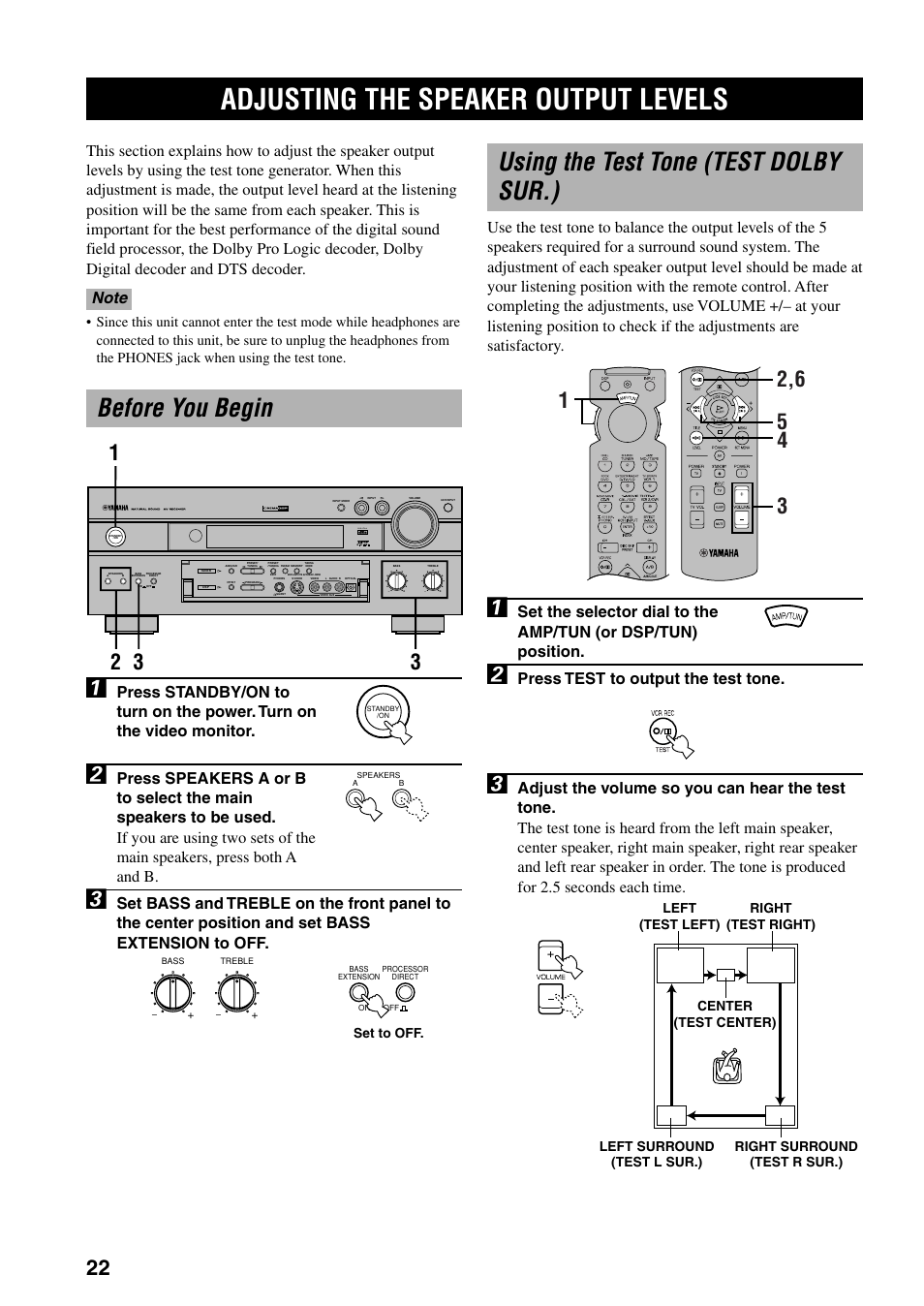 Adjusting the speaker output levels, Before you begin, Using the test tone (test dolby sur.) | Press test to output the test tone | Yamaha RX-V800 User Manual | Page 26 / 82