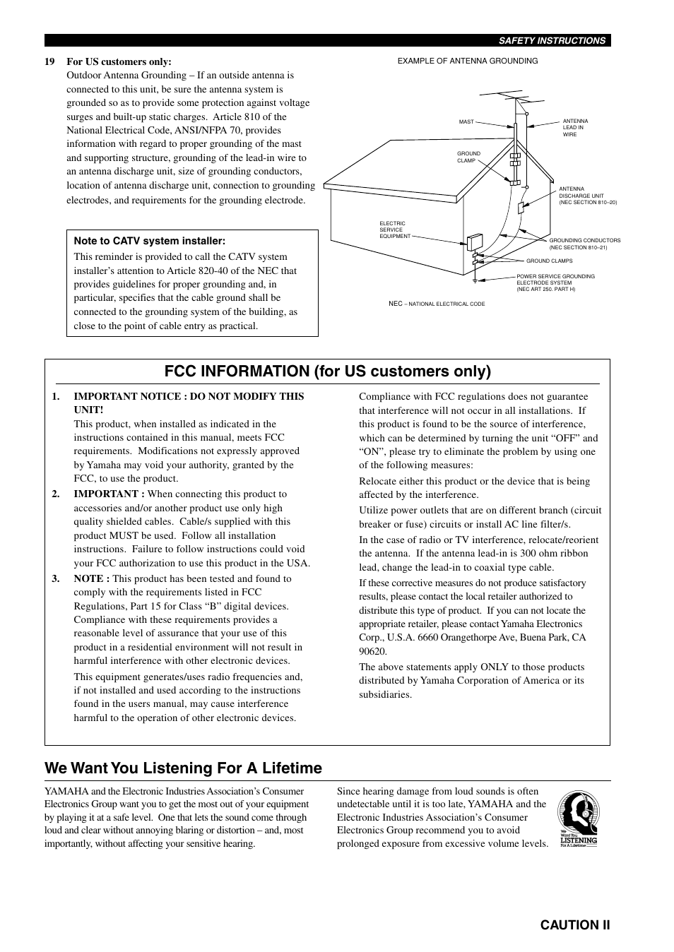 We want you listening for a lifetime, Fcc information (for us customers only), Caution ii | Yamaha RX-V800 User Manual | Page 3 / 82