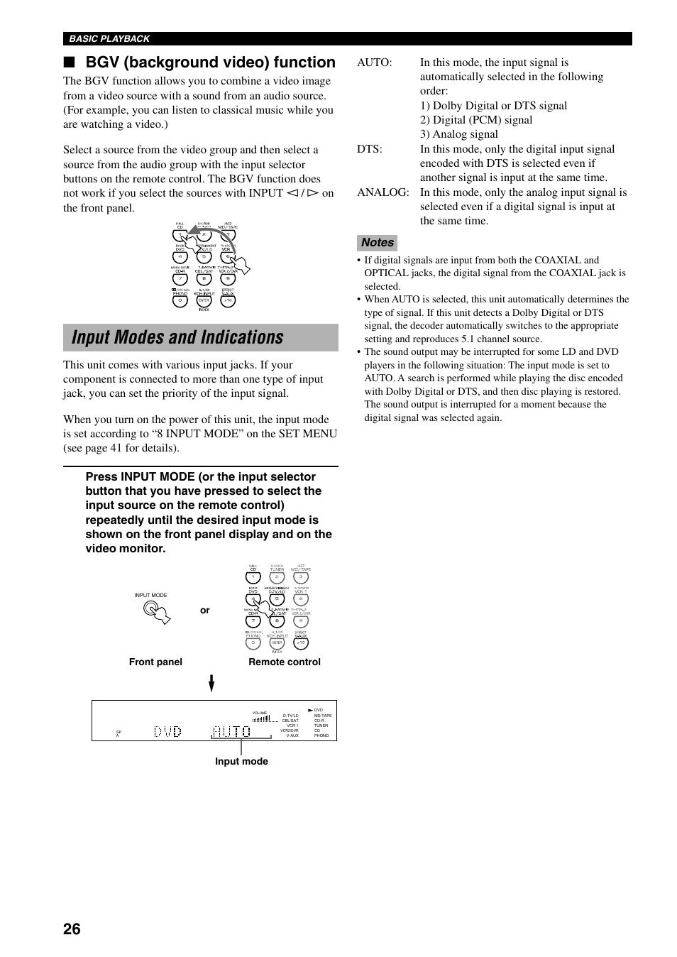 Input modes and indications, Bgv (background video) function, Basic playback | Front panel or remote control input mode | Yamaha RX-V800 User Manual | Page 30 / 82