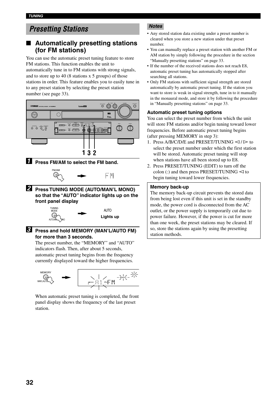 Presetting stations, Press fm/am to select the fm band, Tuning | Auto, Lights up | Yamaha RX-V800 User Manual | Page 36 / 82