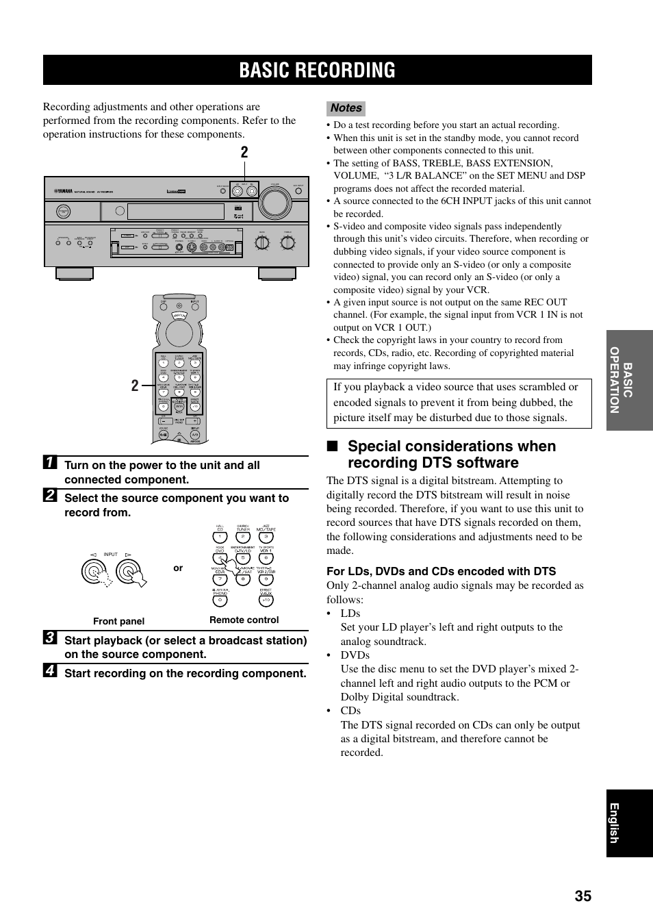 Basic recording, Special considerations when recording dts software, Start recording on the recording component | Yamaha RX-V800 User Manual | Page 39 / 82