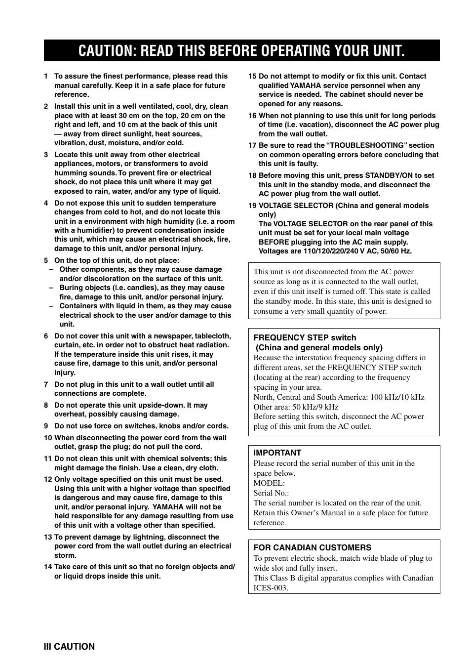 Caution: read this before operating your unit | Yamaha RX-V800 User Manual | Page 4 / 82