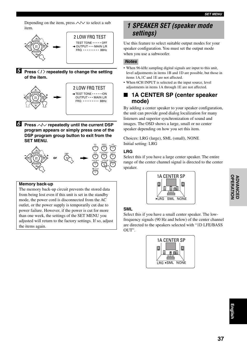 1 speaker set (speaker mode settings), 1a center sp (center speaker mode) | Yamaha RX-V800 User Manual | Page 41 / 82