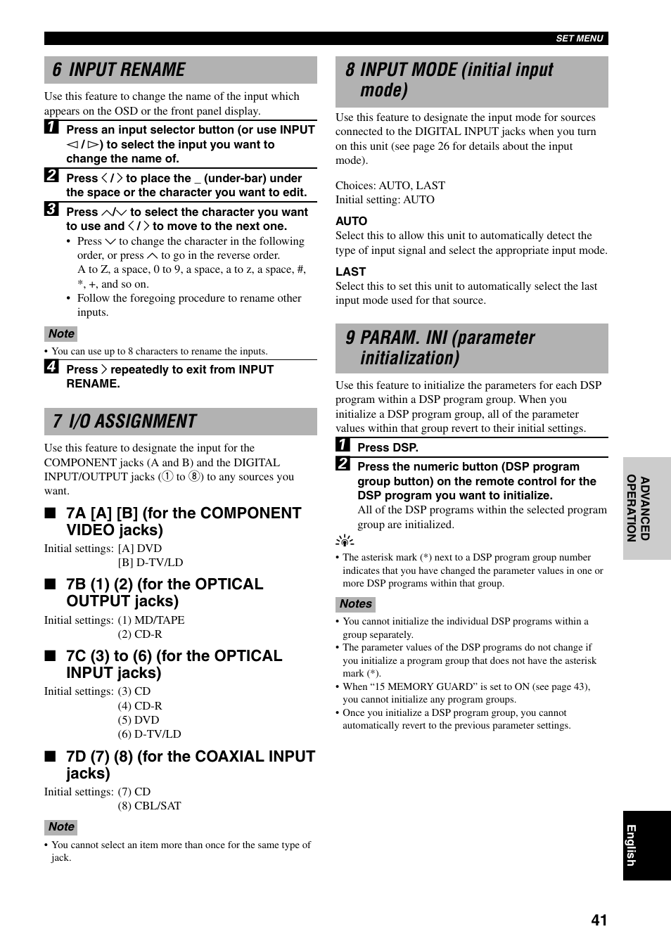 6 input rename, 7 i/o assignment, 8 input mode (initial input mode) | 9 param. ini (parameter initialization), 7a [a] [b] (for the component video jacks), 7b (1) (2) (for the optical output jacks), 7c (3) to (6) (for the optical input jacks), 7d (7) (8) (for the coaxial input jacks) | Yamaha RX-V800 User Manual | Page 45 / 82