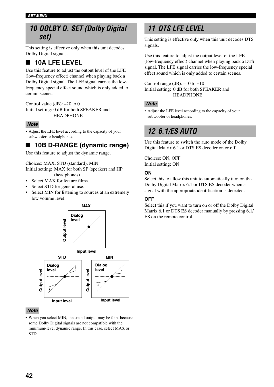 10 dolby d. set (dolby digital set), 11 dts lfe level, 12 6.1/es auto | 10a lfe level, 10b d-range (dynamic range) | Yamaha RX-V800 User Manual | Page 46 / 82