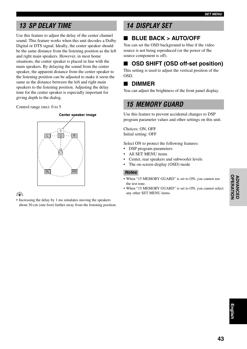 13 sp delay time, 14 display set, Blue back > auto/off | Osd shift (osd off-set position), Dimmer | Yamaha RX-V800 User Manual | Page 47 / 82