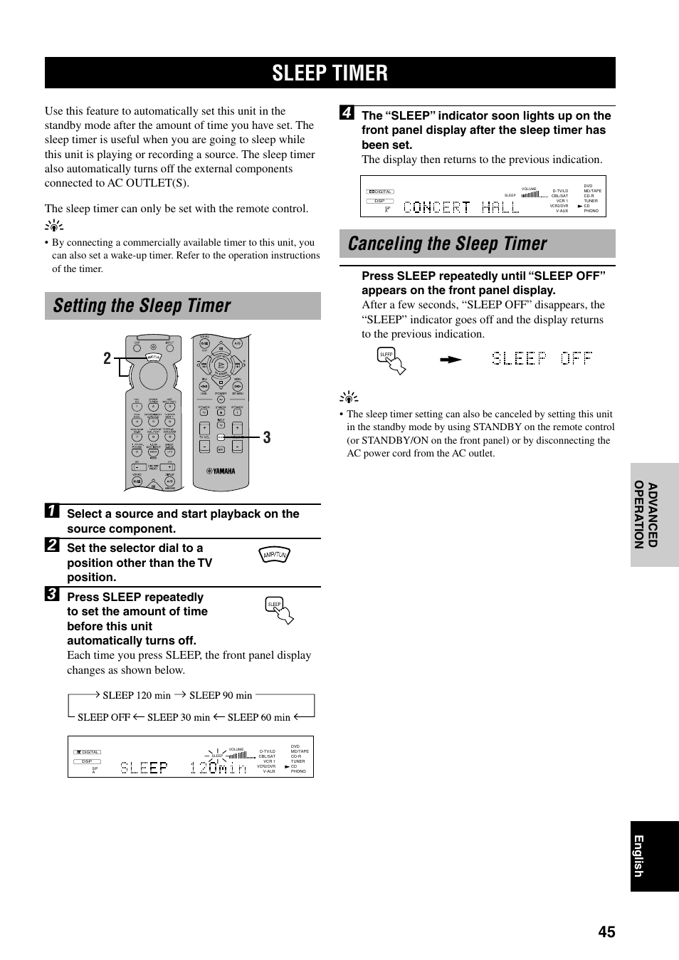 Sleep timer, Canceling the sleep timer, Setting the sleep timer | Yamaha RX-V800 User Manual | Page 49 / 82
