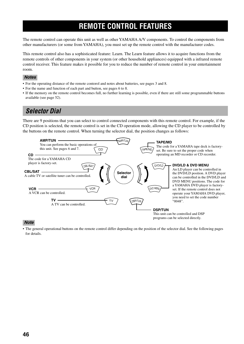 Remote control features, Selector dial | Yamaha RX-V800 User Manual | Page 50 / 82