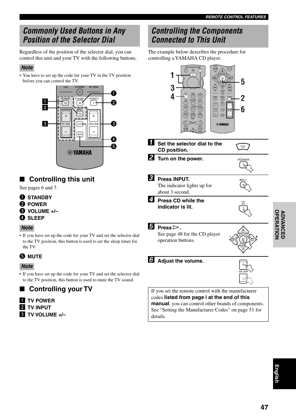 Controlling the components connected to this unit, Controlling this unit, Controlling your tv | Yamaha RX-V800 User Manual | Page 51 / 82