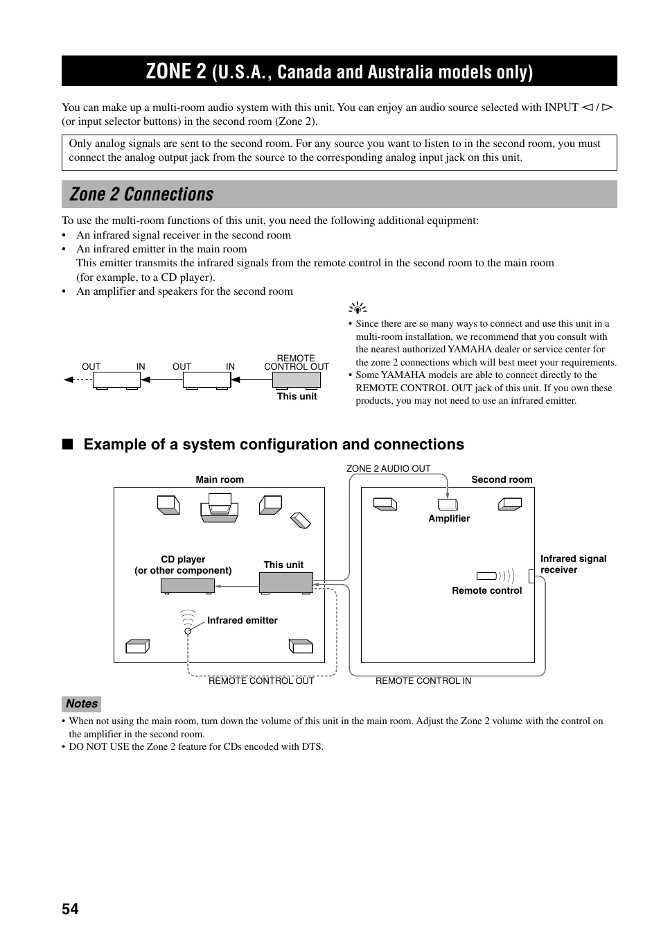 Zone 2 (u.s.a., canada and australia models only), Zone 2, Zone 2 connections | U.s.a., canada and australia models only), Example of a system configuration and connections | Yamaha RX-V800 User Manual | Page 58 / 82