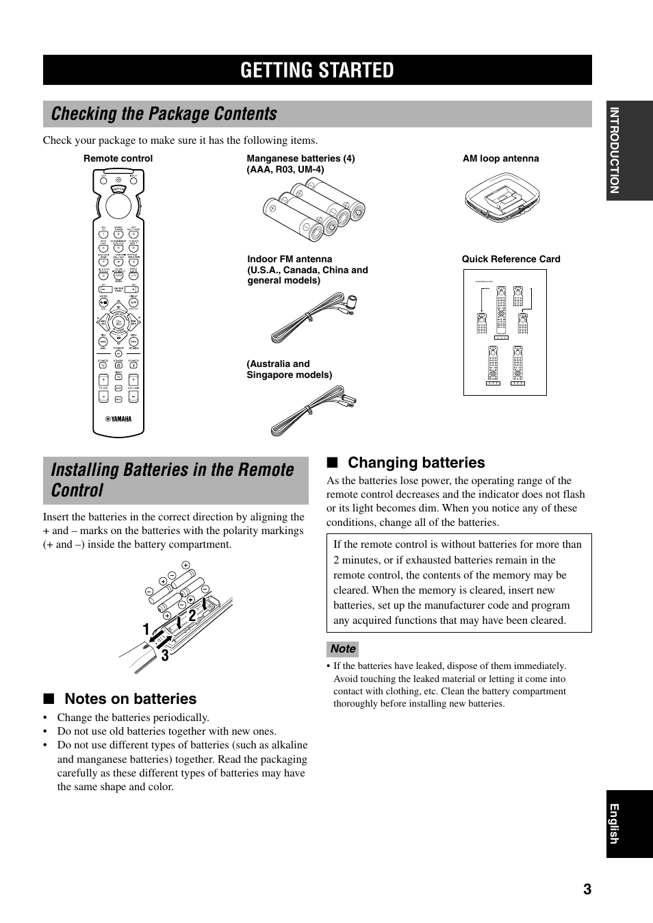 Getting started, Installing batteries in the remote control, Checking the package contents | Changing batteries | Yamaha RX-V800 User Manual | Page 7 / 82