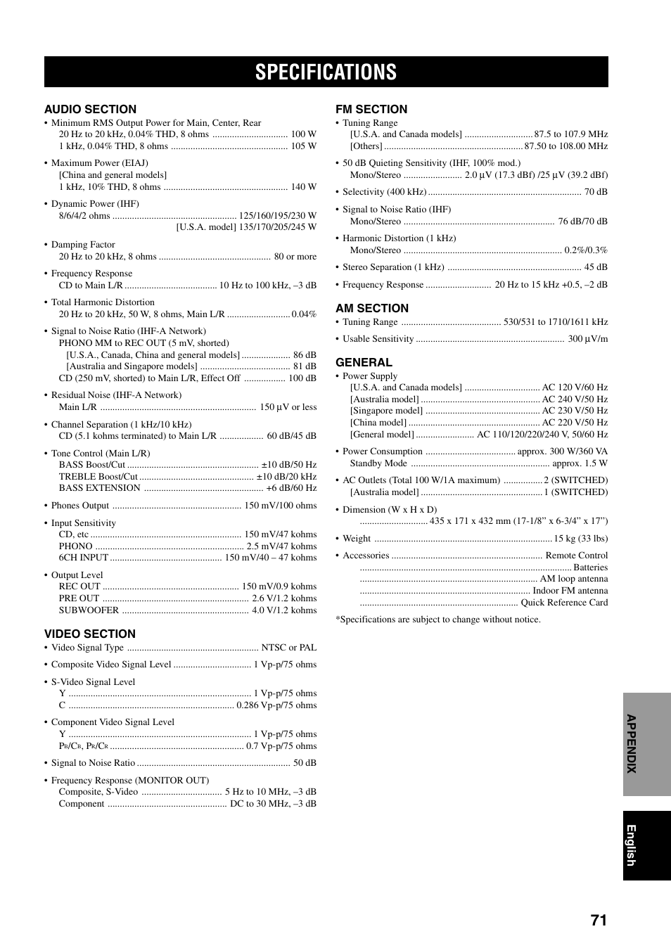 Specifications | Yamaha RX-V800 User Manual | Page 75 / 82