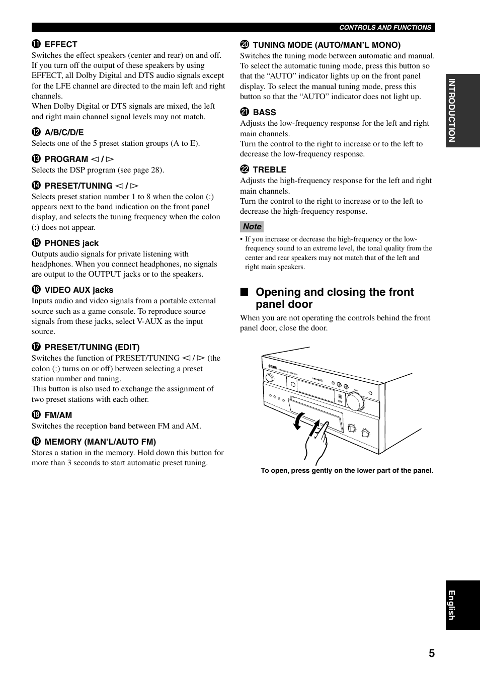 Opening and closing the front panel door | Yamaha RX-V800 User Manual | Page 9 / 82