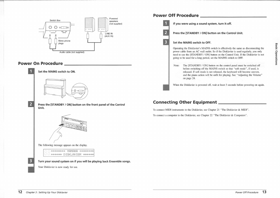 Power off procedure, Power on procedure, Set the mains switch to on | If you were using a sound system, turn it off, Set the mains switch to off, Connecting other equipment | Yamaha disklavier YMM Series User Manual | Page 12 / 12