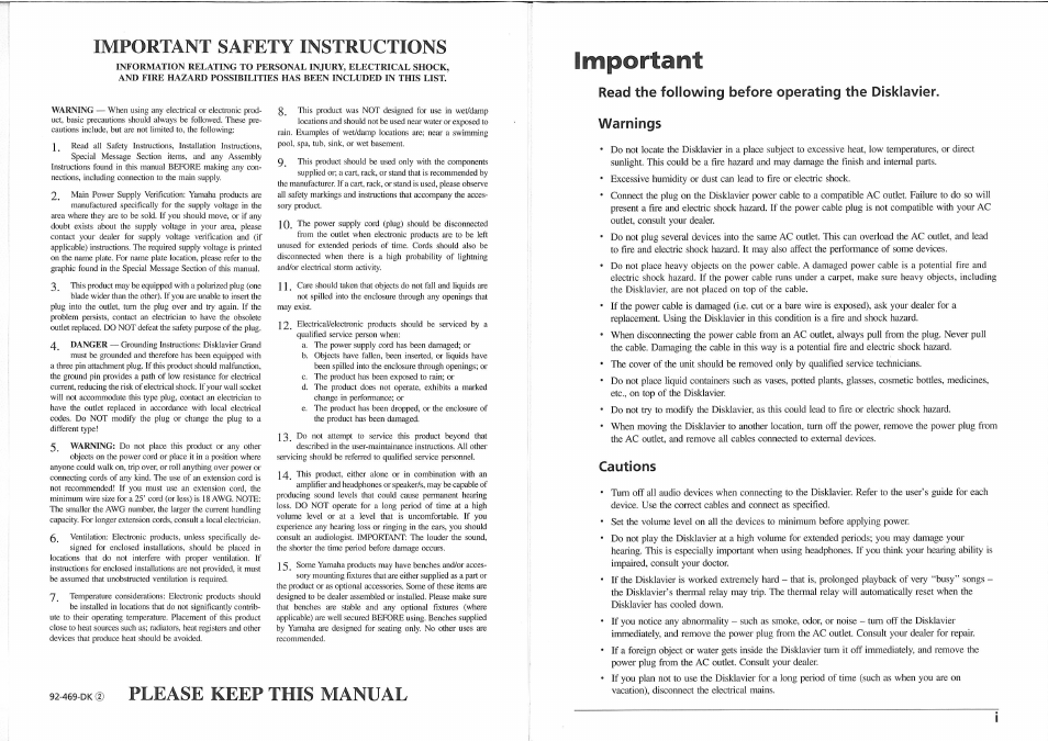 469-dk, Important, Important safety instructions | D please keep this manual, Cautions | Yamaha disklavier YMM Series User Manual | Page 3 / 12