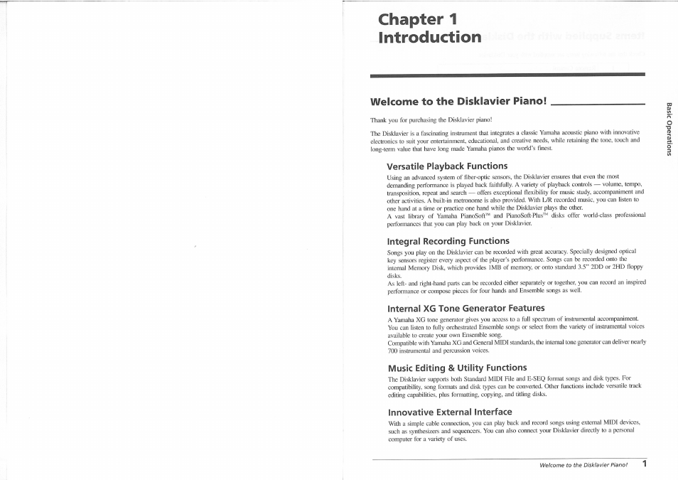 Chapter 1 introduction, Welcome to the disklavier piano, Versatile playback functions | Integral recording functions, Internal xg tone generator features, Music editing & utility functions, Innovative external interface | Yamaha disklavier YMM Series User Manual | Page 6 / 12