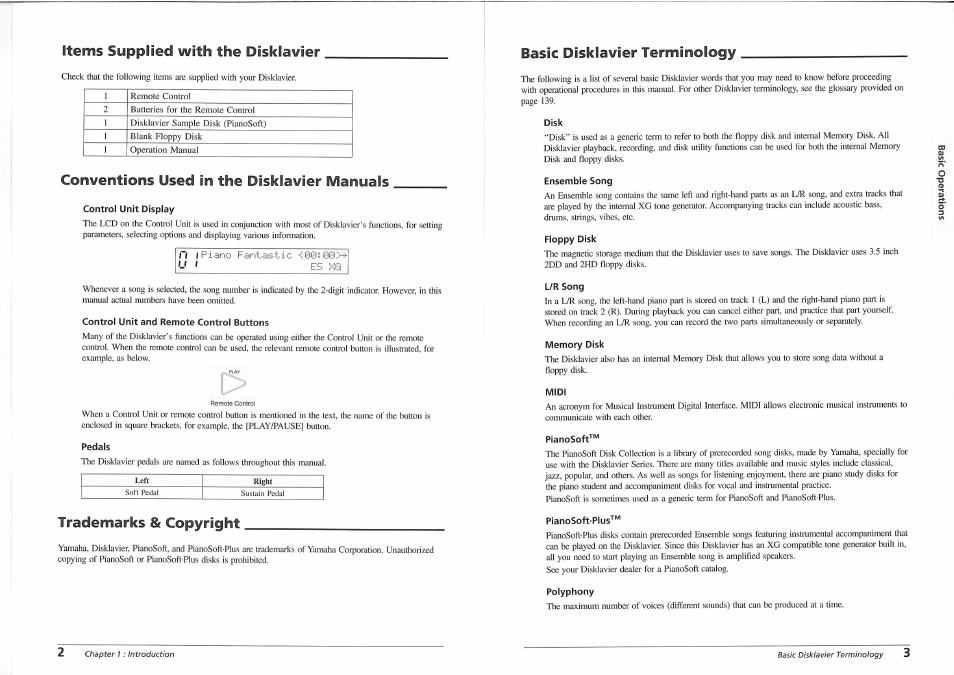 Items supplied with the disklavier, Basic disklavier terminology, Conventions used in the disklavier manuals | Control unit display, Control unit and remote control buttons, Pedals, Trademarks & copyright, Disk, Ensemble song, Floppy disk | Yamaha disklavier YMM Series User Manual | Page 7 / 12