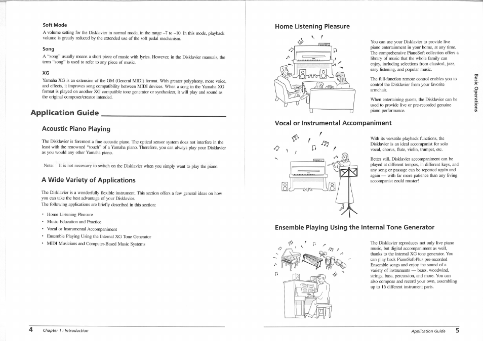 Soft mode, Song, Application guide | Acoustic piano playing, A wide variety of applications, Home listening pleasure, Vocal or instrumental accompaniment, Ensemble playing using the internal tone generator | Yamaha disklavier YMM Series User Manual | Page 8 / 12