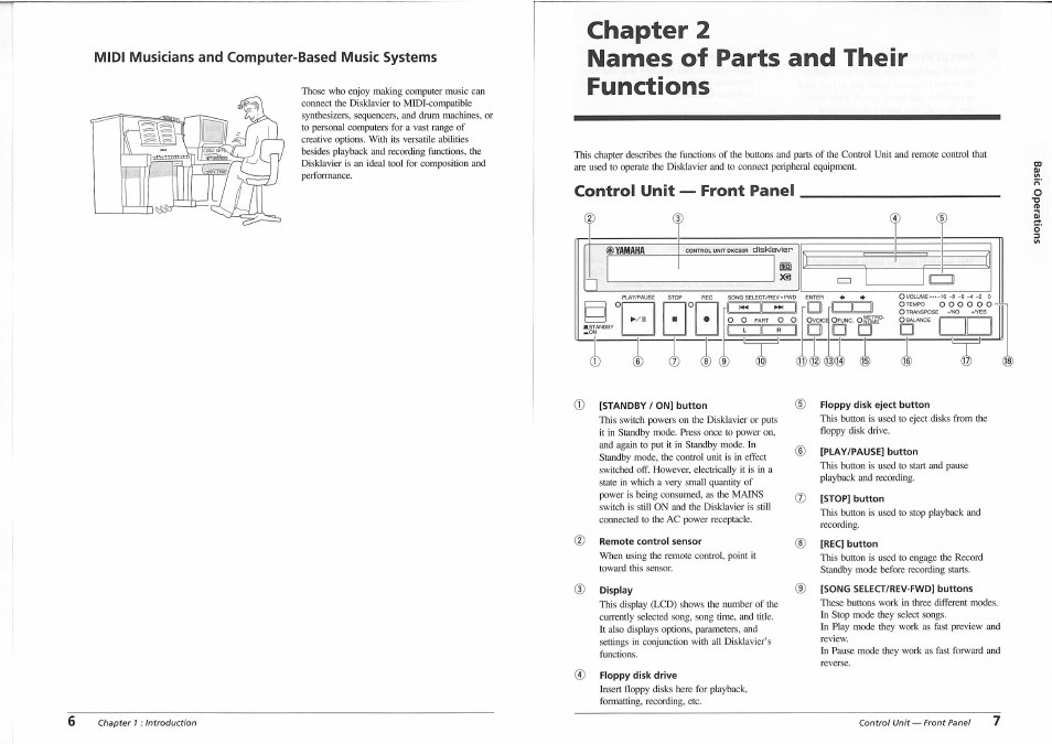 Midi musicians and computer-based music systems, Chapter 2, Names of parts and their functions | Control unit — front panel, Standby / on] button, Remote control sensor, Display, Floppy disk drive, Floppy disk eject button, Chapter 2 names of parts and their functions | Yamaha disklavier YMM Series User Manual | Page 9 / 12