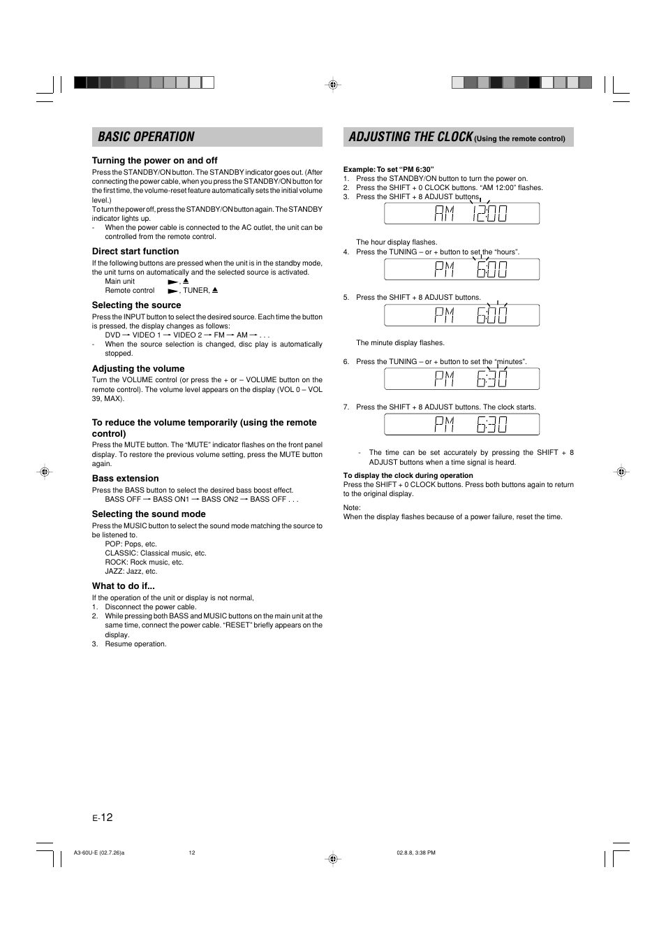 Basic operation, Turning the power on and off, Direct start function | Selecting the source, Adjusting the volume, To reduce the volume temporarily, Bass extension, Selecting the sound mode, What to do if, Adjusting the clock | Yamaha DVX-S60 User Manual | Page 16 / 31